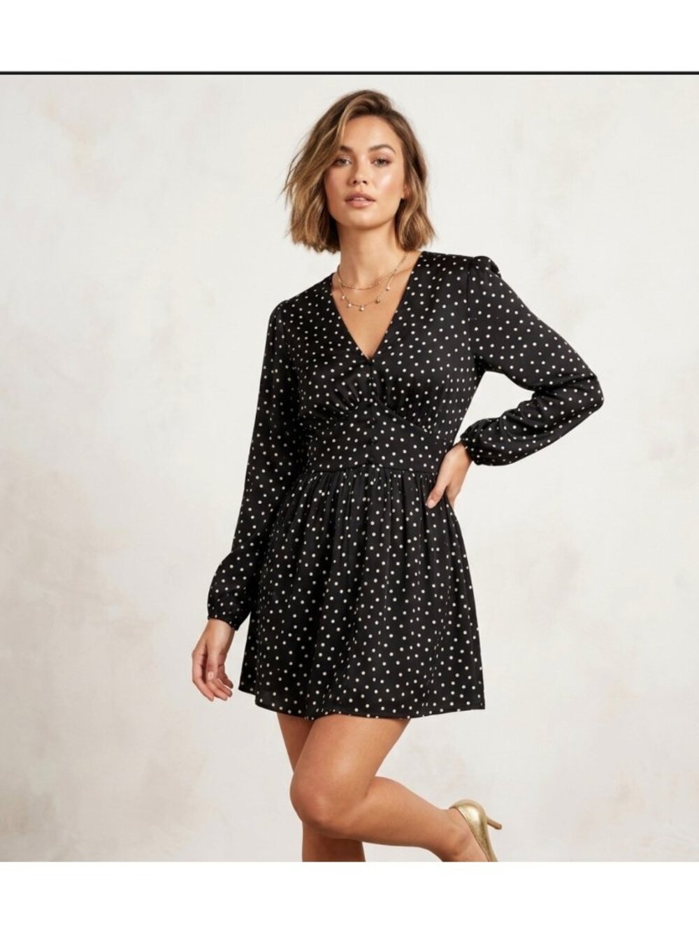 Express  large Polka Dot Long Sleeve Mini shortDress With V-Neck & Fitted Waist
